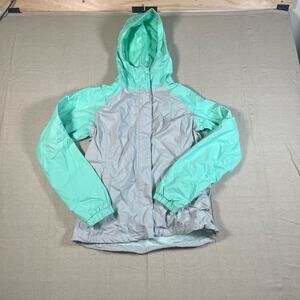 The North Face Dryvent Jacket Womens Size Small Gray Teal Hooded Windbreaker